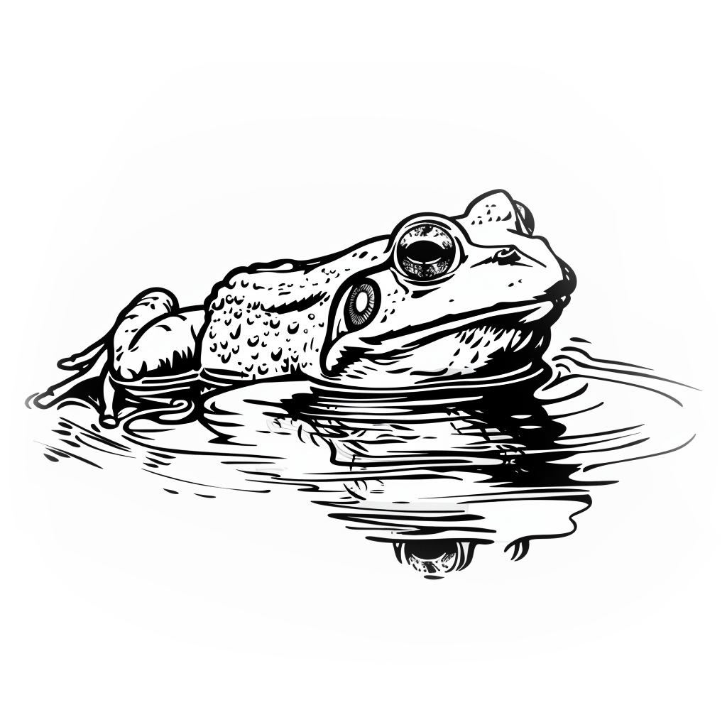 Scientific ink illustration of a bullfrog at the water's surface